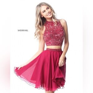 Sherri Hill Two-Piece Ruby Beaded Bodice & Organza Skirt Size 8